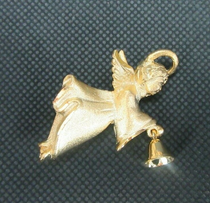 Vintage Costume Jewelry, Gold Tone Angel Ringing Bell Brooch