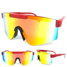 Oversize 80s RETRO SPORTY WRAP AROUND Style SUNGLASSES Large Red Frame Gold Lens