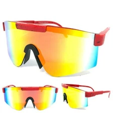 Oversize 80s RETRO SPORTY WRAP AROUND Style SUNGLASSES Large Red Frame Gold Lens