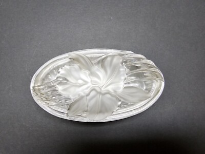 Clear Glass Oval Trinket Box w/ Frosted Embossed Orchid / Iris Floral Design N15