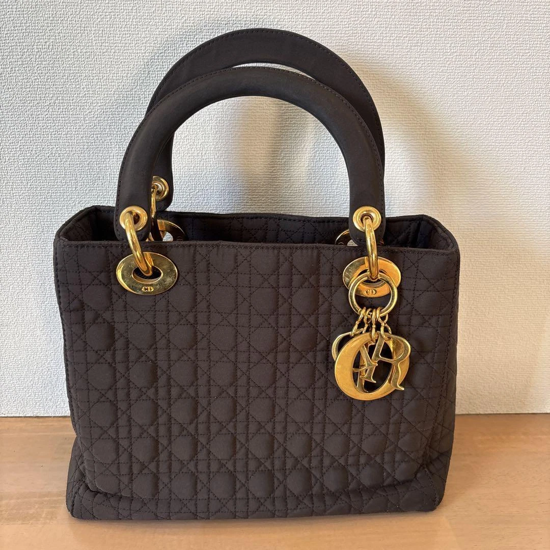 Sac à main fourre tout Christian Dior Lady Dior Canage marron doré nylon authentique occasion