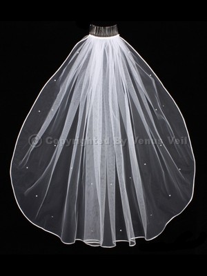 1T White Bridal Shoulder Short Scattered Rhinestones Rattail Edge Wedding Veil