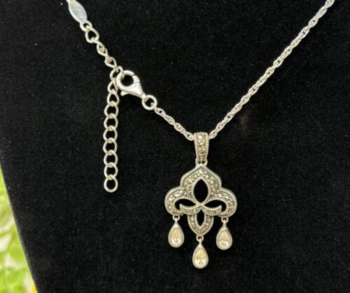 Vintage Judith Jack Sterling Silver 925 Marcasite Pendant Necklace 16 - 18” Long - Picture 2 of 14