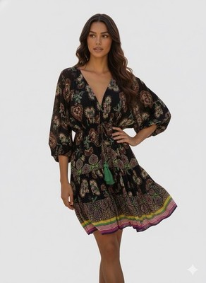 Alexis Holli floral mini dress Midnight Bloom Print Boho Flowy Tassel Size XS ￼