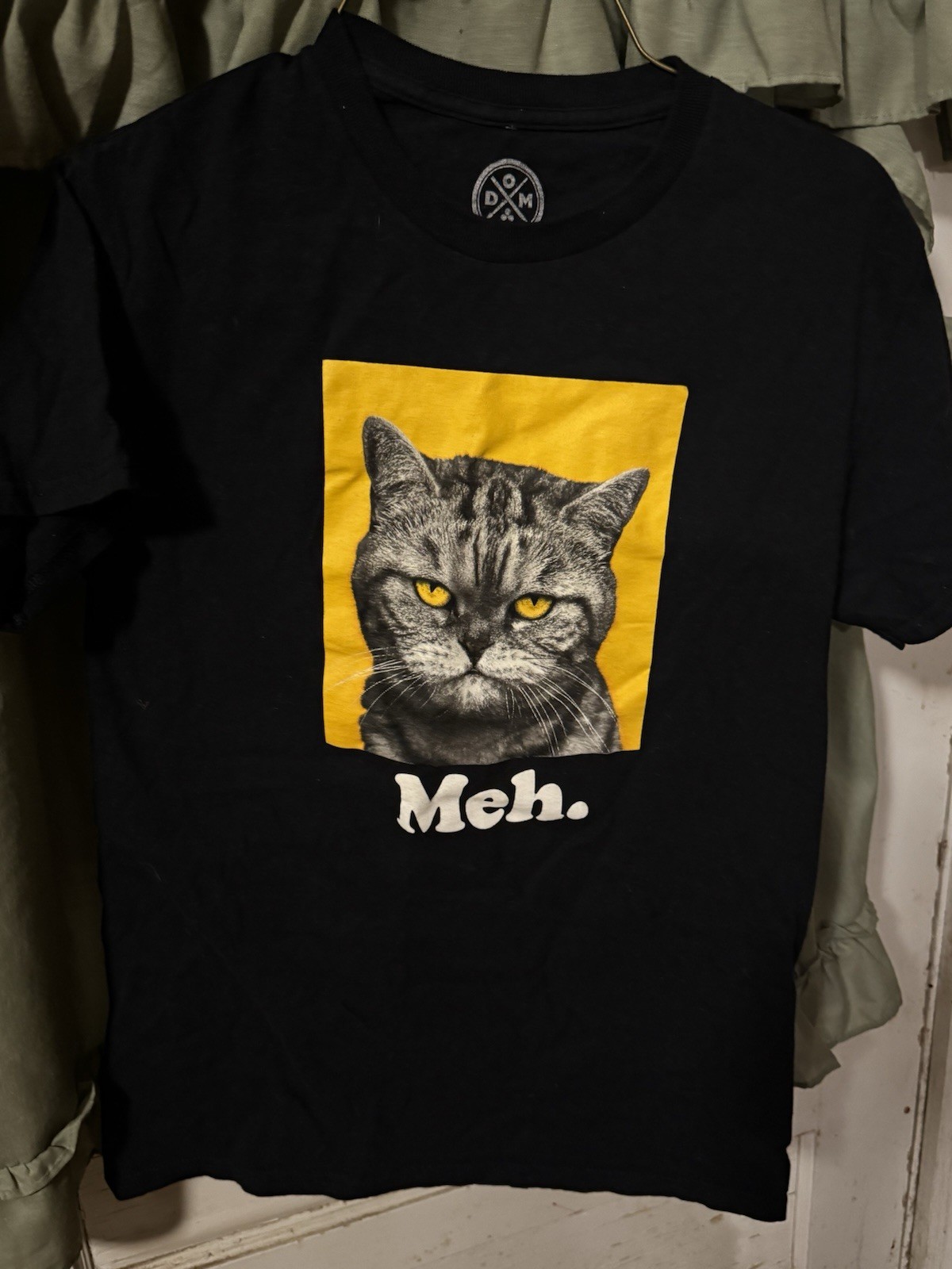 DOM Men's Black & Yellow Meh Cat Graphic Print Crewneck T-Shirt Size S