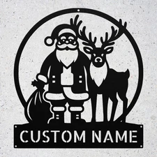 Personalized Santa and Reindeer Metal Art Sign Custom Christmas Wall Decor