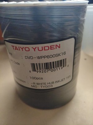 SEALED 100 ORIGINAL TAIYO YUDEN DVD-R, 16X, TYG03 ink jet printable DVD discs