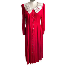 Vtg 80s/90s Womens Red Lace Doily Collar Maxi Dress 8 Coquette Love Cottagecore