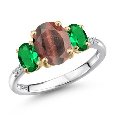 925 Silver and 10K Yellow Gold Red Tiger Eye and Nano Emerald and Lab Grown
