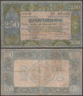 Netherlands Zilverbonnen 2 1/2 Gulden 1922 VF (tiny wear hole at center)