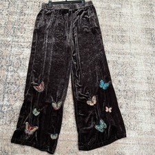 Johnny Was Butterfly Embroidered Velvet Wide-Leg Pants - Brown Size Large NWT