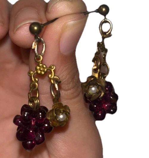 RARE Victorian era Drop Chandelier Grape Garnet Flower Pearl Earrings Women Gold - Image 3 of 4