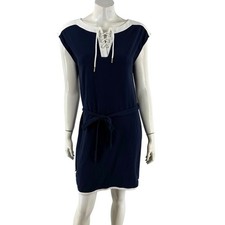 Tommy Hilfiger Womens Belted Nautical Dress Sz Large Navy Blue White Cap Sleeve