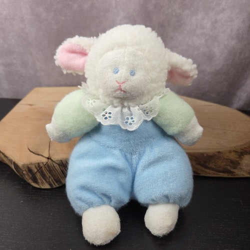 First Peak Lamb Sheep Plush Terry Cloth Vintage Baby Rattle Blue Green Pastel