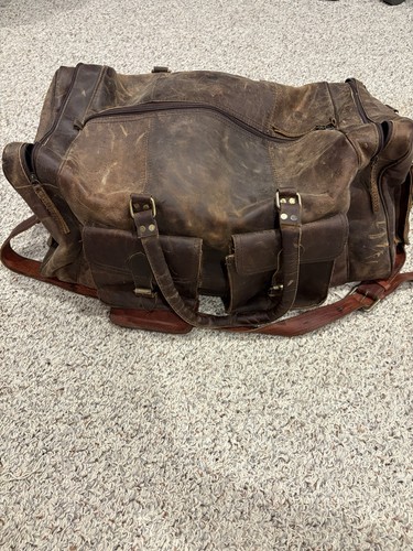 Brown Leather Duffle Bag Solid with Adjustable Shoulder Strap