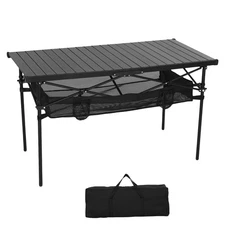 Black Aluminum Folding Camping Table with Mesh Storage, Cup Holders & Carry Bag