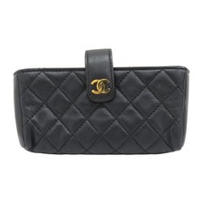 CHANEL Mini Phone Holder Clutch Bag Black Quilted Lambskin Leather A48227