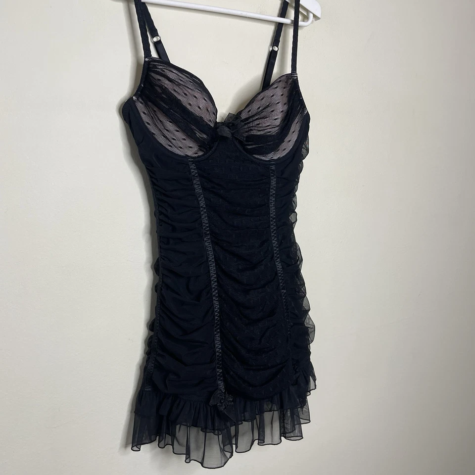 Victoria's Secret Sexy Little Things Black Pink Mesh Lace Ruched Mini Dress 36C - Image 4 of 4