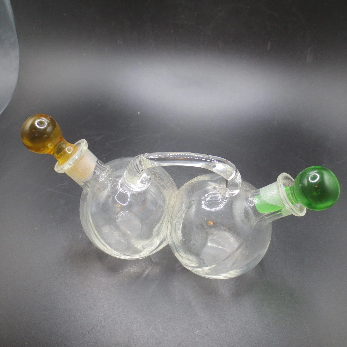 Rare Mid Century Glass Dual Oil & Vinegar Dispenser with Original Glass Stoppers