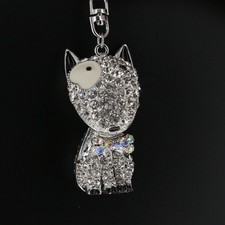 Large Silver Finish Clear Rhinestone Bling Dog Keychain Bag or Purse Charm