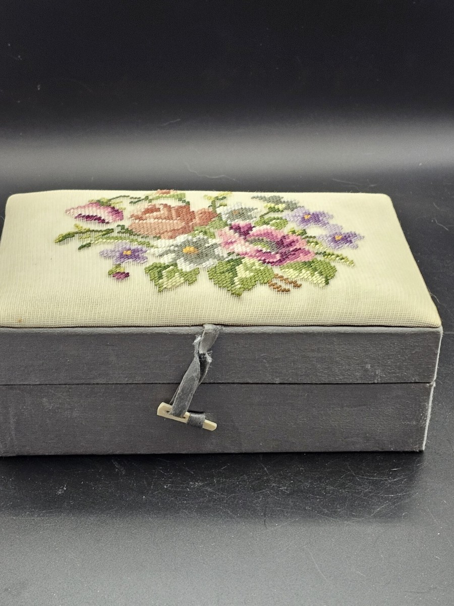 Vintage Pink & Purple Floral Silk Needlepoint Jewelry Box