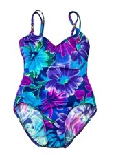 Vintage Floral Elisabeth Stewart Swimsuit Size 10 Purple Blue Flowers