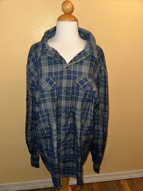 Columbia Omni-Shade Blue Green Plaid Long Sleeve Button-Up Shirt Men's XL TG