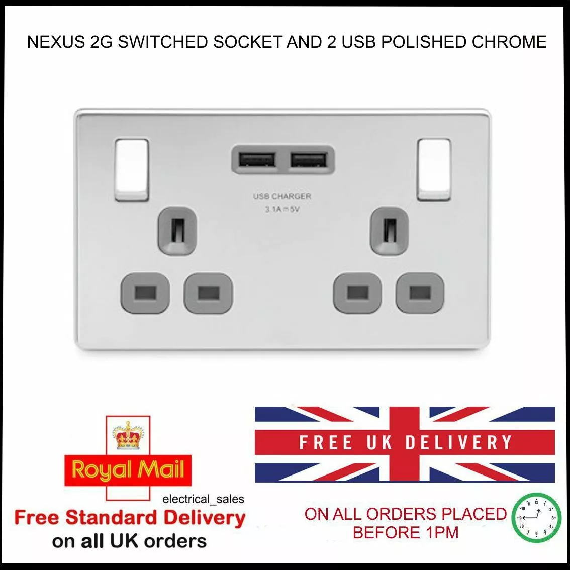 2 Gang Buchse 2 USB Ports UK Netzteil Stecker Polierte Chrom Geschaltet  NEXUS