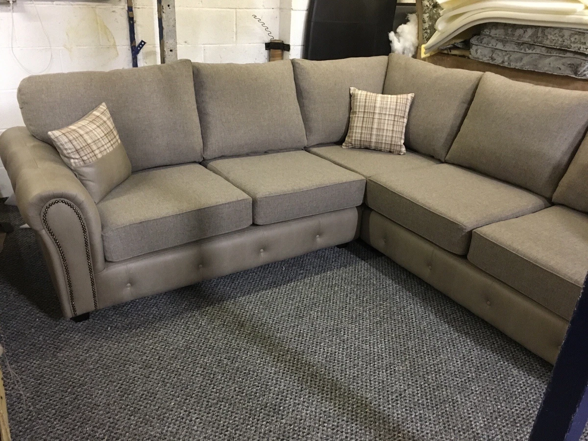 Balmoral Corner Sofa. Button Arm Detail. Faux Leather And Chenille Fabric