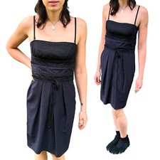 Vintage Y2K Black Pinstripe Ruffle Spaghettit Strap Tank Pleated Mini Dress / Em