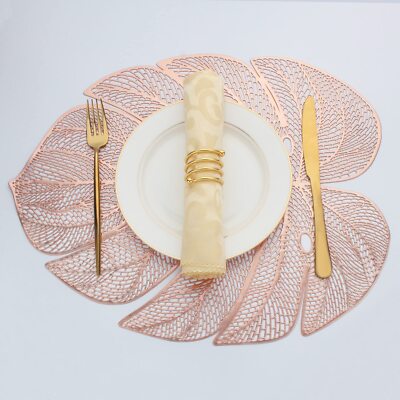 Rose Gold Leaf Shaped Vinyl Placemats for Dinner Table Set of 8 Metallic Plas...