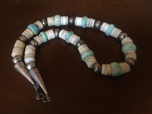 SANTO DOMINGO WHITE SHELL TURQUOISE STERLING BEAD CHOKER 1 STRAND NECKLACE - Picture 2 of 12