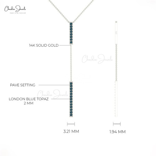 Solid 14k Gold Y Drop Lariat Necklace with 2mm Round London Blue Topaz Jewelry - Picture 20 of 22