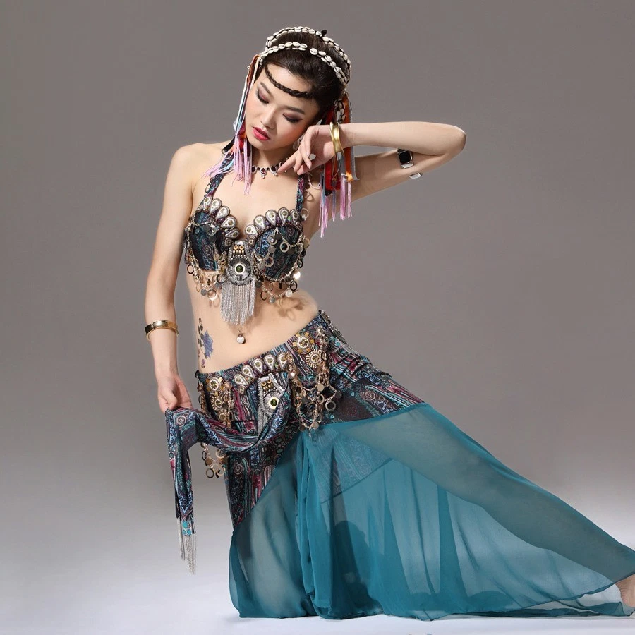 AU NEW Luxury Tribal Belly Dance Costume Bra+Long Skirt with belt 2pcs  Top+Skirt