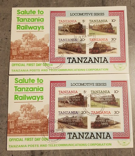 TANZANIA OFFICIAL 2 FDC OVERPRINT GOLD +SILVER "CARIBBEAN ROYAL VISIT 1985"
