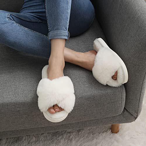 Women's Fuzzy Slippers Cross Band Memory Foam House Slippers Open