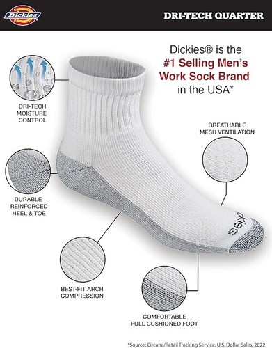 Dickies Men's Moisture Control Socks 6 Pairs - Dri-Tech, Cushioned, Breathable.. - Picture 2 of 12