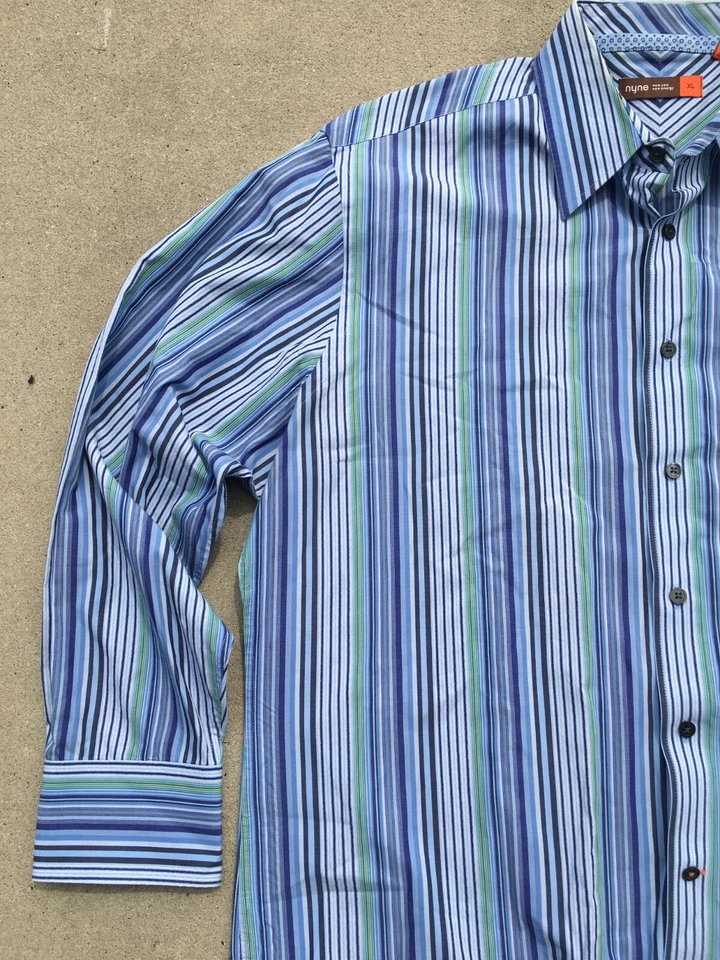 Camisa NYNE Para Hombres XL Abotonada Manga Larga Puños Abatibles Negocios Camisa de Vestir a Rayas Foto 4 de 4