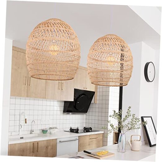 Boho Wicker Chandelier, Rustic Rattan Basket Pendant Light Fixture 46cmx51cm