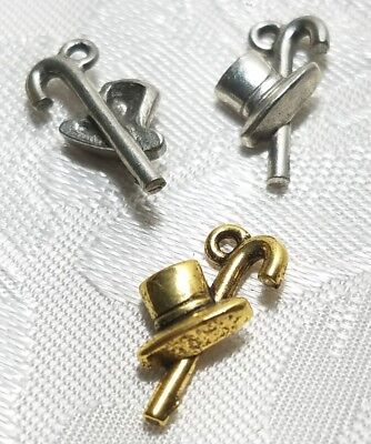 TOP HAT AND CANE FINE PEWTER PENDANT CHARMS 2 PCS