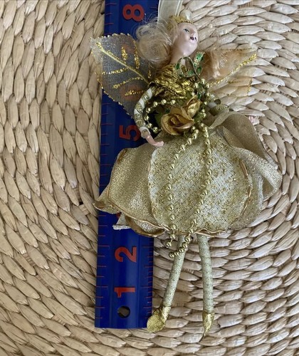 Posable Fairy Elf Pixie With Glitter Winged Doll Figure Gold Outfit 8” - Picture 11 of 12