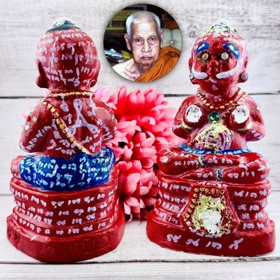 Wealth Clay Guman Statue Diamond Eye Lp Yam Nayak Be2549 Red Thai Amulet #17517