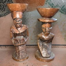 Vintage Pair Of African Wood Carved Tribal Candle Holders Approx 6 Inch