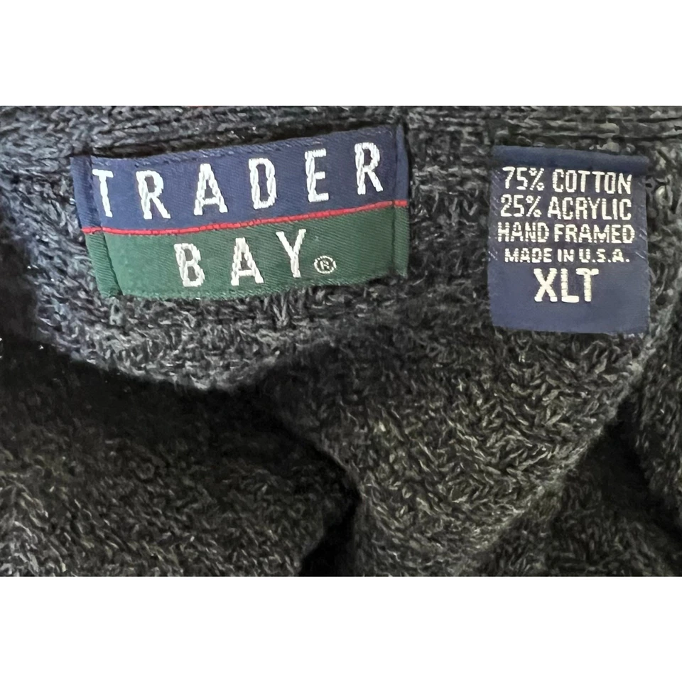 Vintage 90s Mens Cardigan Sweater XL Dark Gray Chunky Cotton Knit Trader Bay  - Image 4 of 4