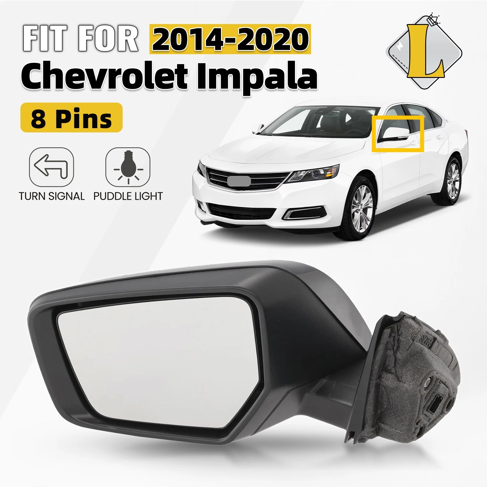 Driver Side Mirror For 2014-2020 Chevrolet Impala Primed w/Puddle w/Signal 8Pin