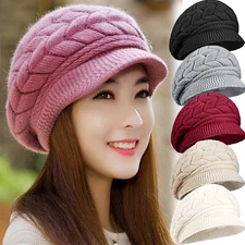 Knit Hat Winter Brim Beanie Hats Women Slouchy Beanie Cap Visor Warm Newsboy