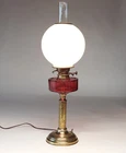 19C. American Victorian Cranberry Glass & Brass Electrified Oil Lamp