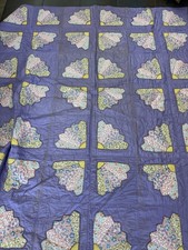 Vintage Handmade Grandmother's Fan Patchwork Quilt Queen Blanket Stitch On Edge
