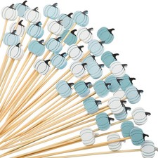 200 Pcs Thanksgiving Fall White Blue Pumpkin Cocktail Picks 5.1 Inch Bamboo S...