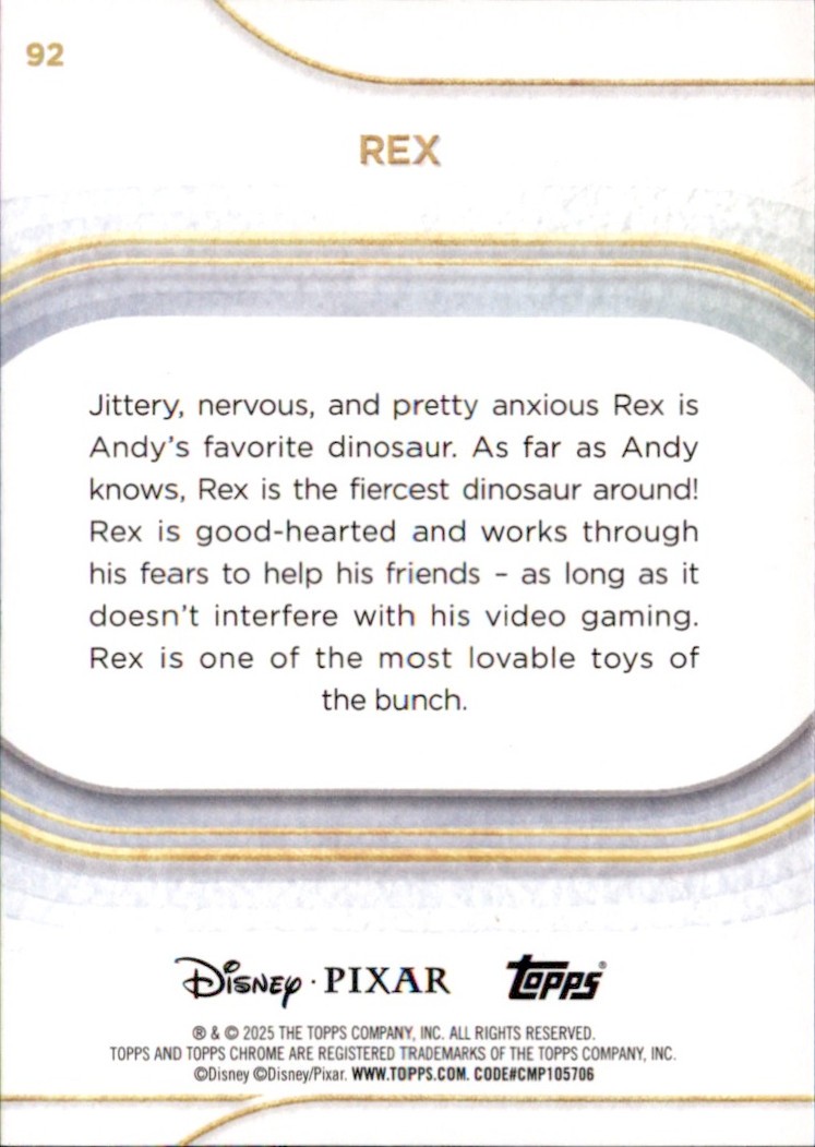 2025 Topps Chrome Disney Pixar Toy Story Rex #92 base NM/M card with blue box and gold “Disney Pixar” logo.
